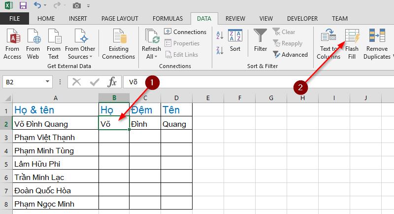 Tách họ và tên bằng Flash Fill